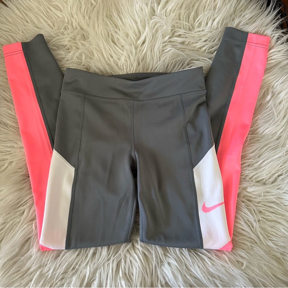 Nike gray pink white legging tights athletic high rise size L NWT